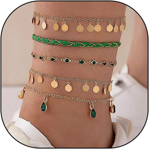 Rrdaily 5PCS Boho Rhinestone Stackable Anklets Set for Teen Girls Women 14k Gold Layered Adjustable Link Chain Braided Anklets Round Pendant Anklets Gift