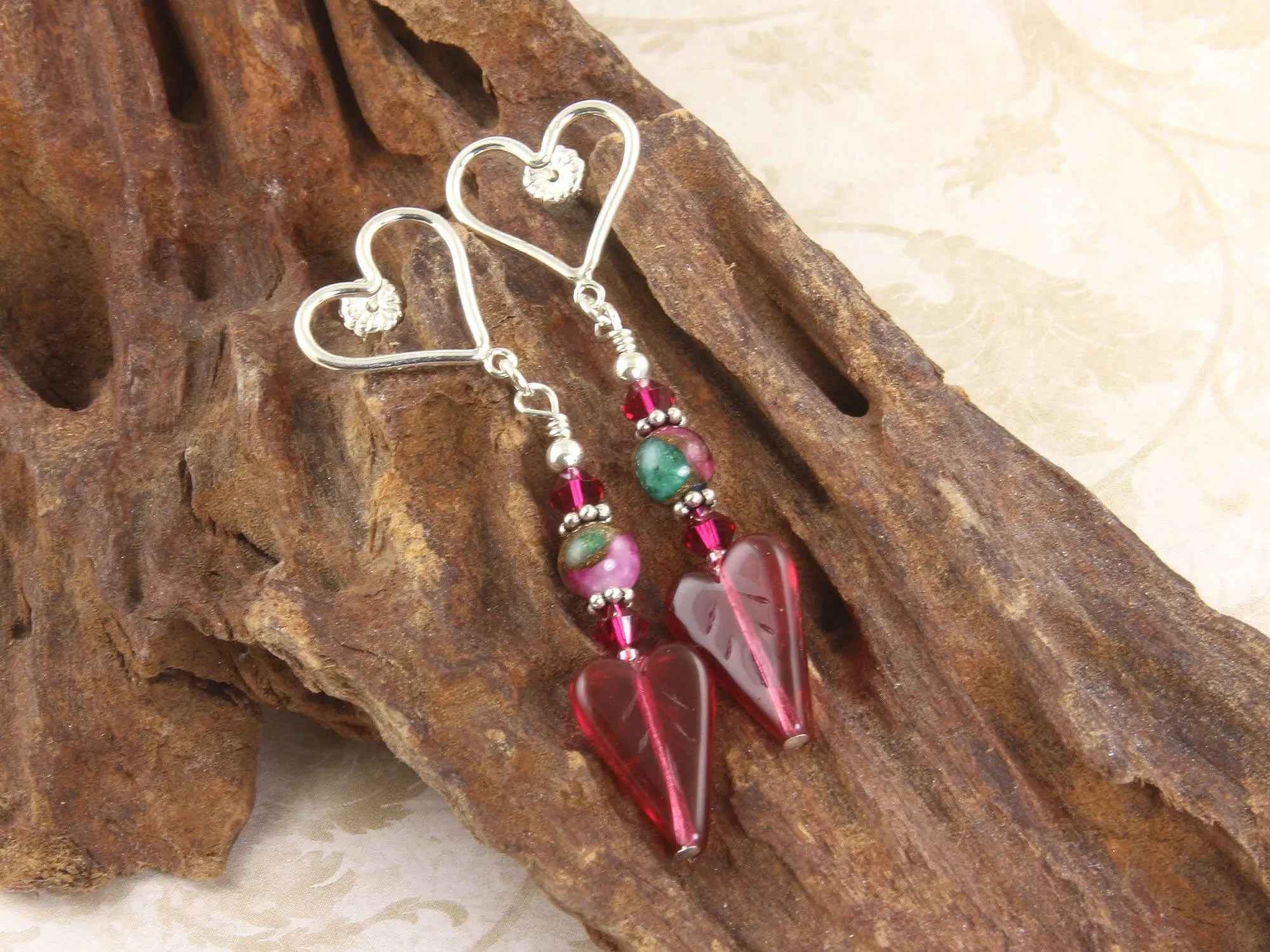 Ruby Crystal Heart Handmade Earrings