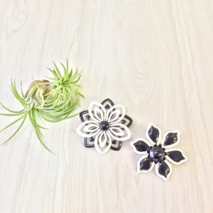 Set of Two Vintage Flower Brooches | Mod 1060's Flower Pins | 60's Fashion | Mod Style | Black and White Flower Power Pin | Metal Flower Pin