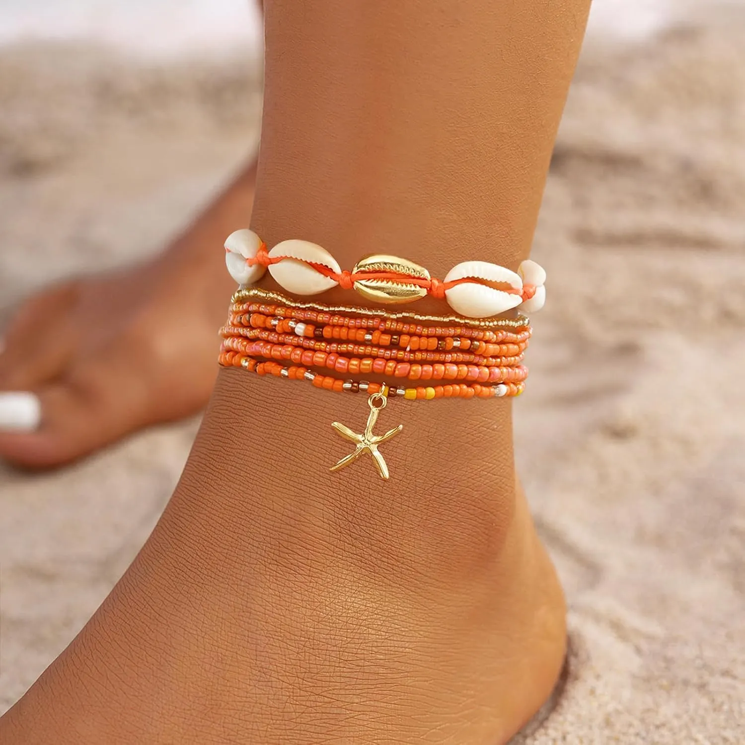 Shell Anklets Bracelet for Women Colorful Stackable Puka Shell Anklet Boho Seashell Beaded Anklet Hawaii Summer Beach Waterproof Surfer Starfish Anklets for Women