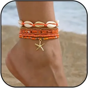 Shell Anklets Bracelet for Women Colorful Stackable Puka Shell Anklet Boho Seashell Beaded Anklet Hawaii Summer Beach Waterproof Surfer Starfish Anklets for Women