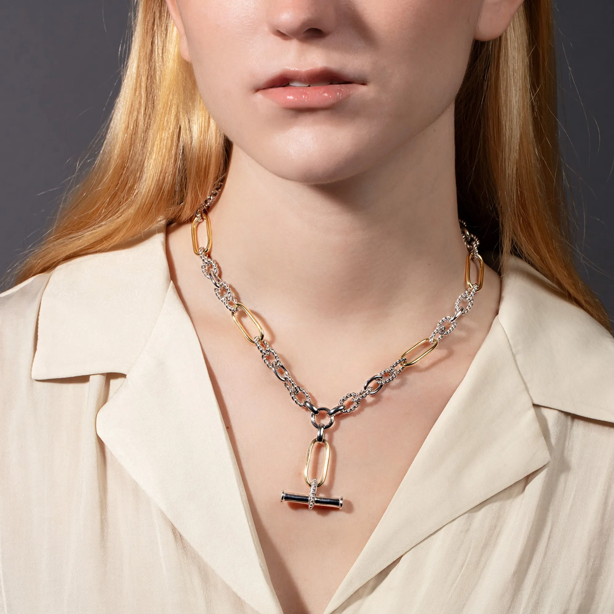 Silver & 18K Gold Italian Cable T-Bar Necklace