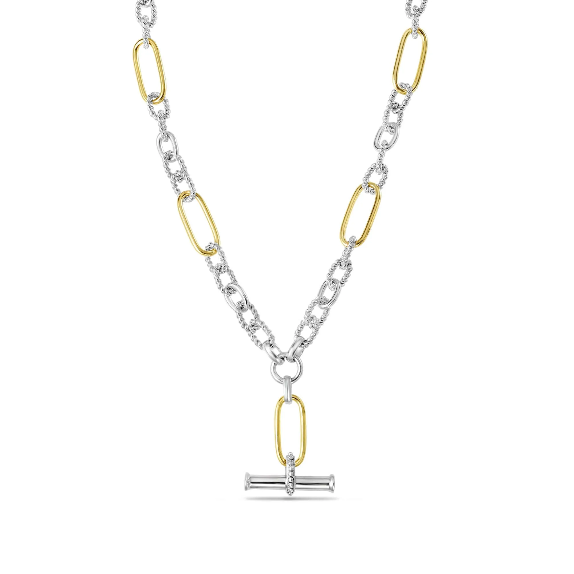 Silver & 18K Gold Italian Cable T-Bar Necklace