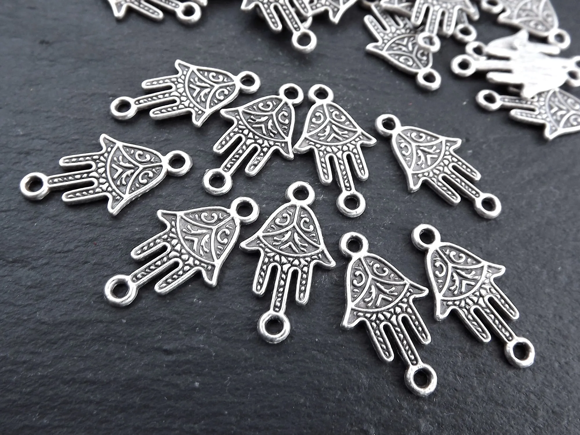 Silver Hamsa Charms Connectors, Hamsa Hand of Fatima, Bracelet Charms, Mini Hamsa, Silver Charms, Tiny Hamsa, Matte Antique Silver, 10pc