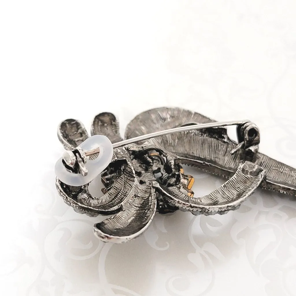 Silvery Gray Rhinestone Floral Ribbon Style Brooch