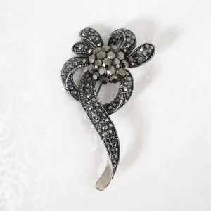 Silvery Gray Rhinestone Floral Ribbon Style Brooch