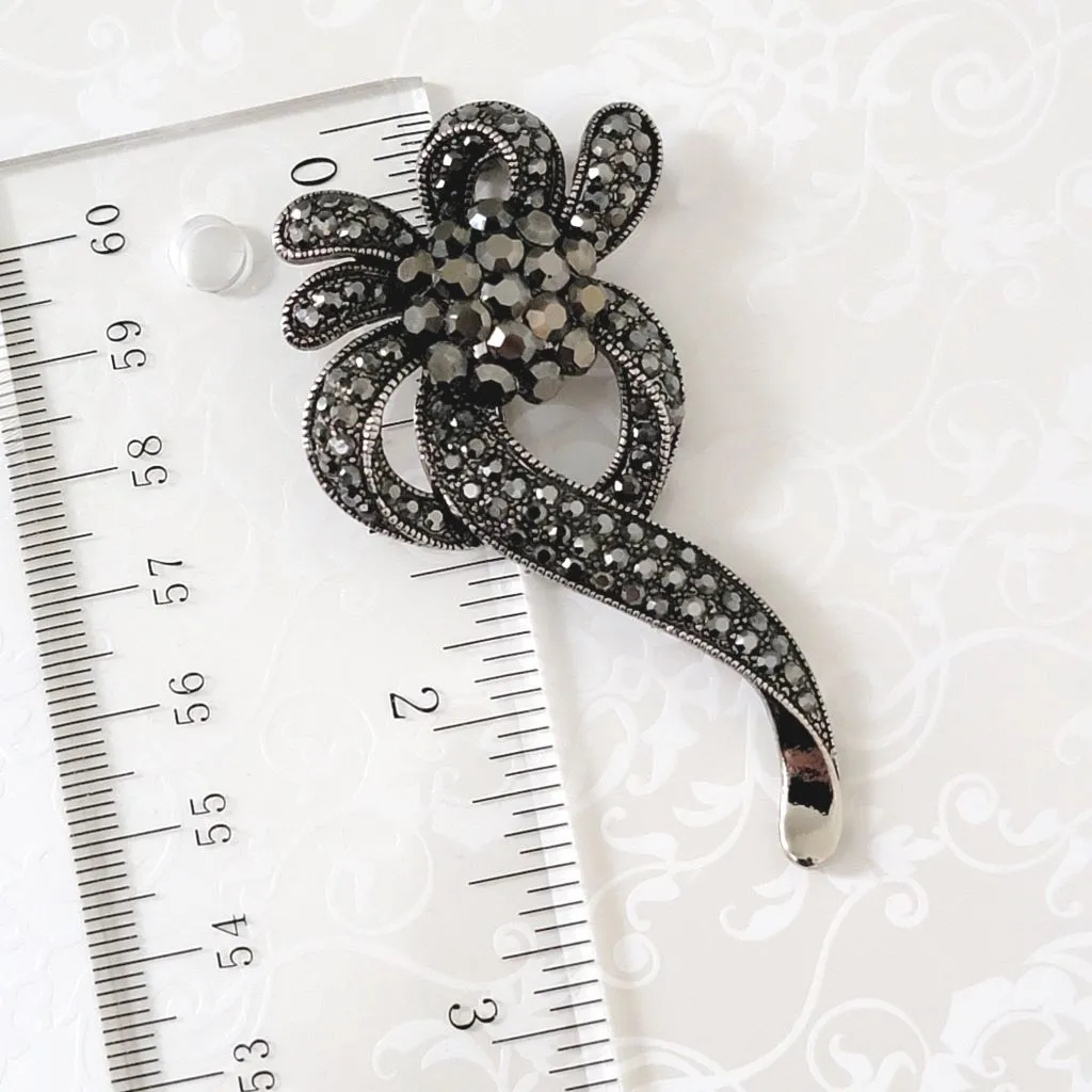 Silvery Gray Rhinestone Floral Ribbon Style Brooch