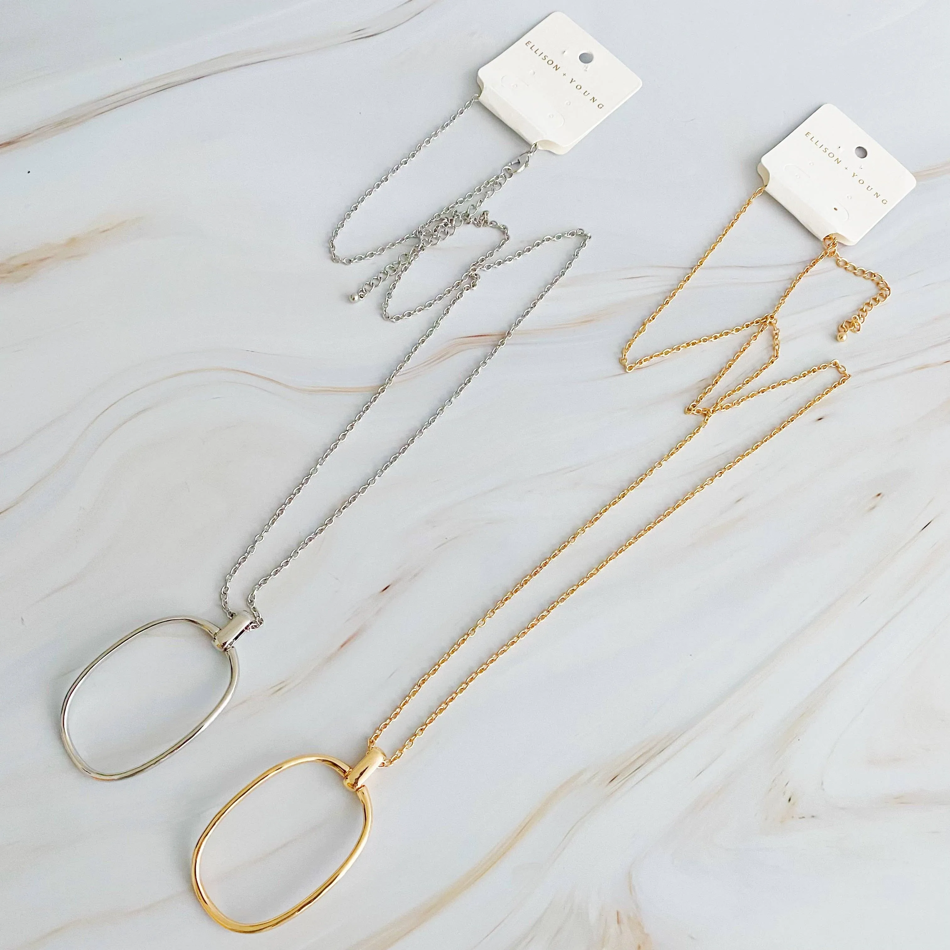 Sleek Oval Pendant Long Necklace: Gold