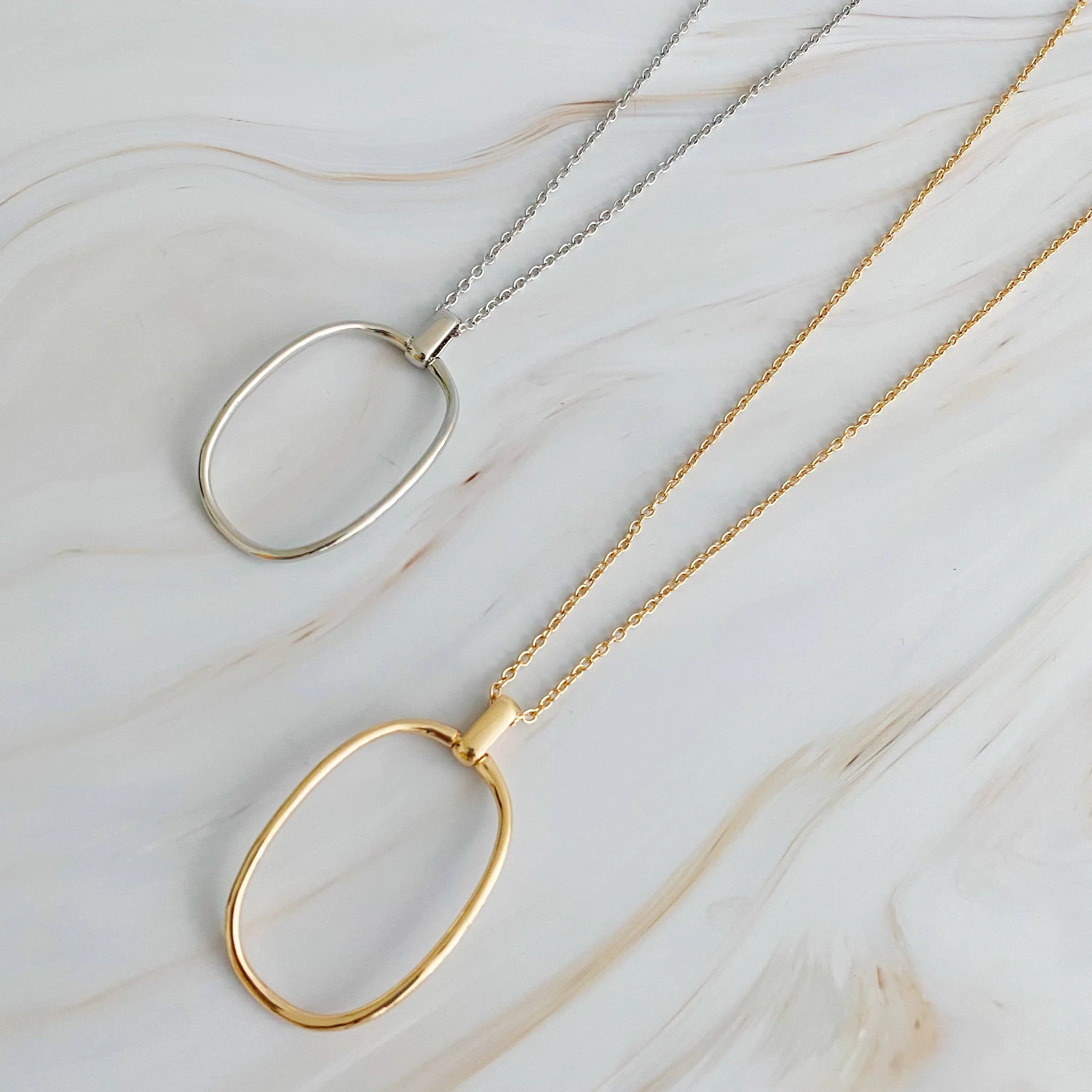 Sleek Oval Pendant Long Necklace: Gold