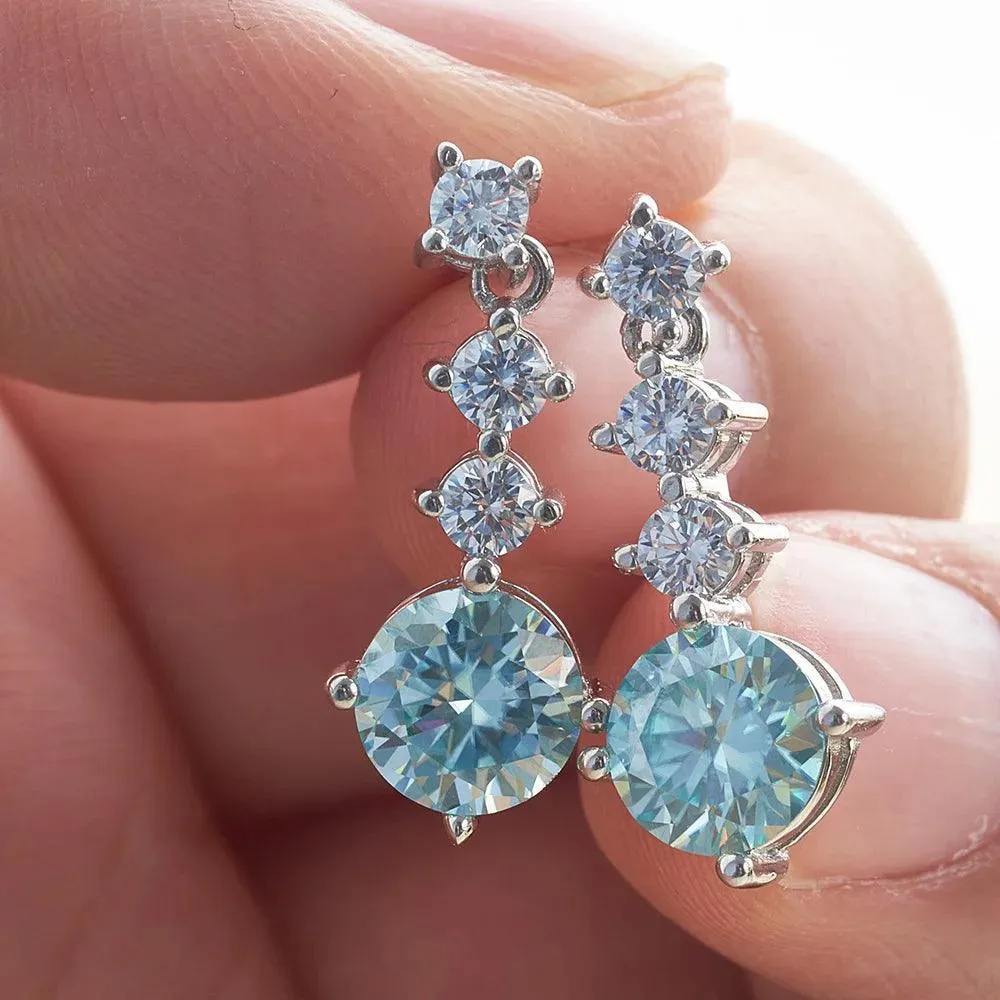Splendid 1 Carat Blue Color Moissanite Diamonds Drop Earrings Engagement Gift 925 Sterling Silver Fine Jewellery