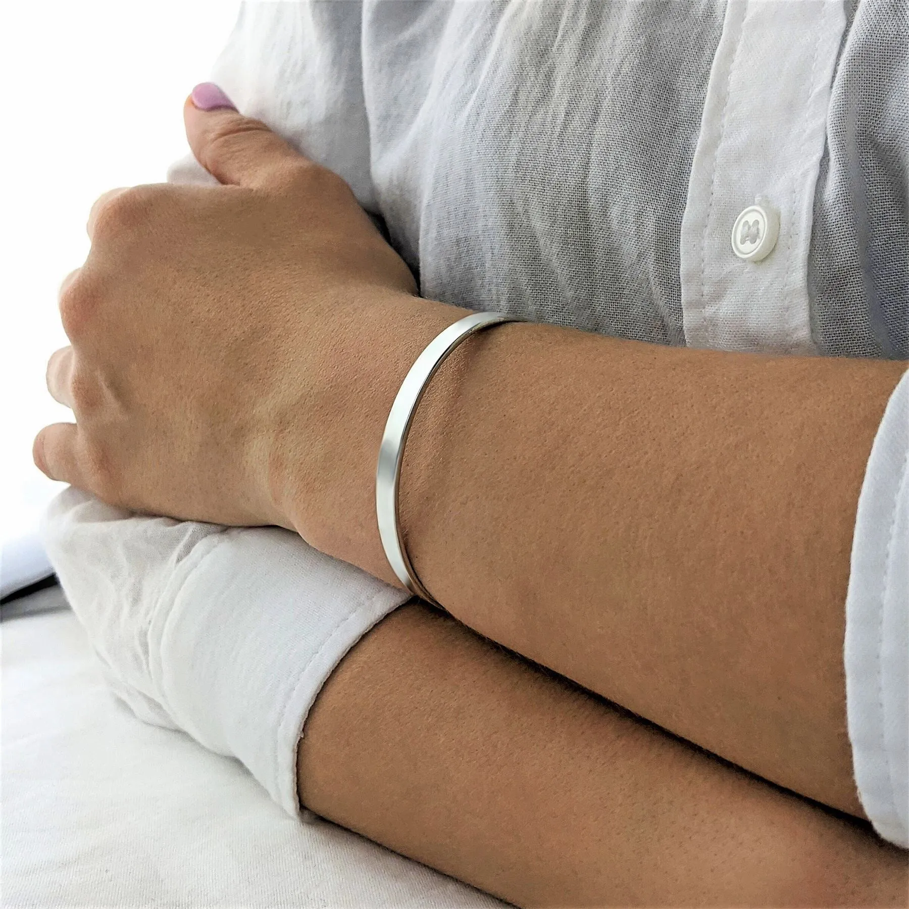 Sterling Silver Classic Flat Plain Identity Adjustable Cuff Bangle