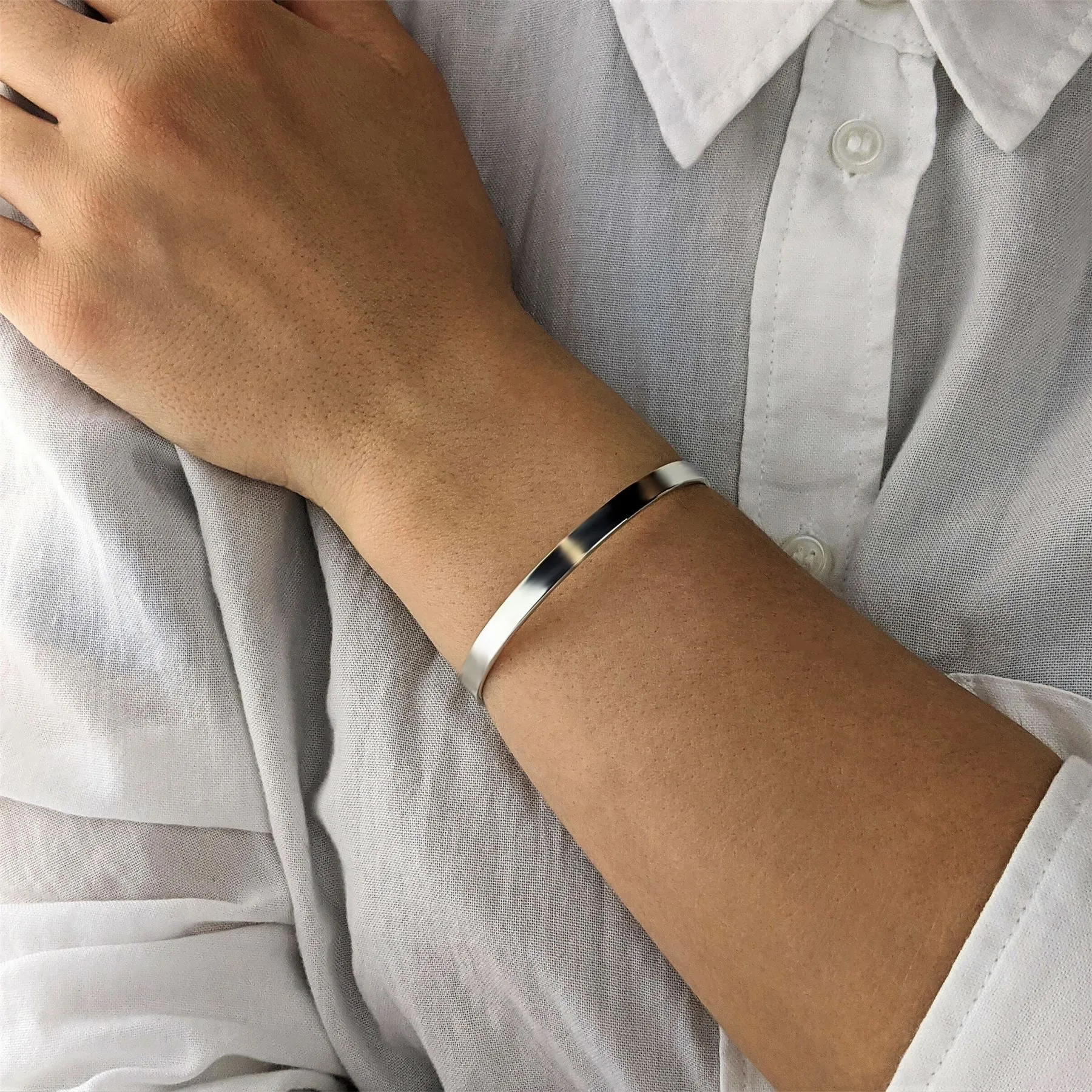 Sterling Silver Classic Flat Plain Identity Adjustable Cuff Bangle
