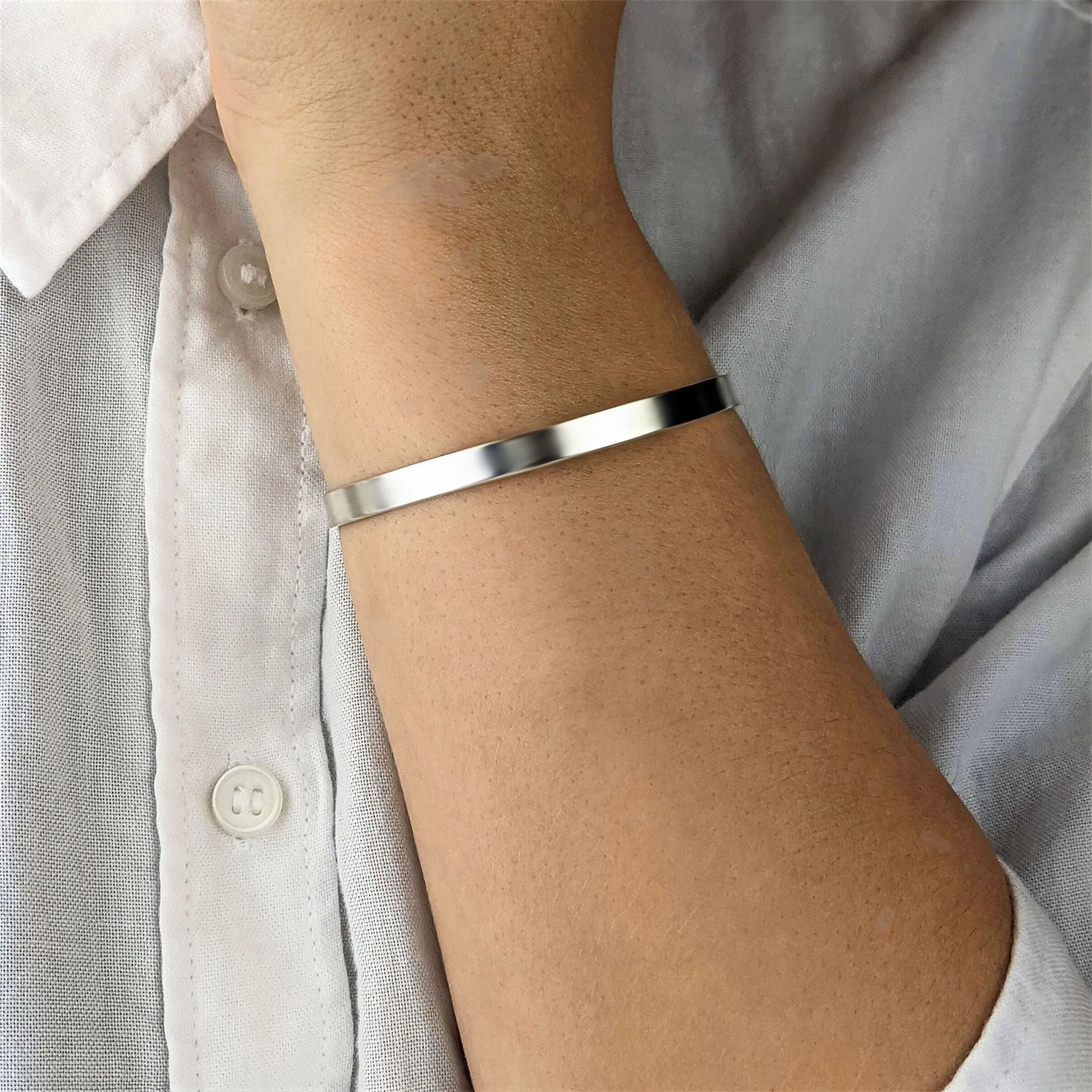 Sterling Silver Classic Flat Plain Identity Adjustable Cuff Bangle