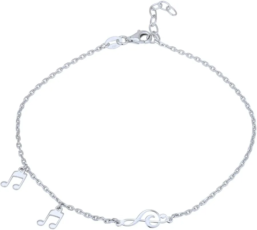 Sterling Silver Jewelry - Rhodium Plated with 925 Stamp - Music Notes Charm Anklets for Women - 9 Inch long   1 Inch Extender
