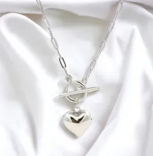 Sterling Silver Puff Heart Toggle Necklace