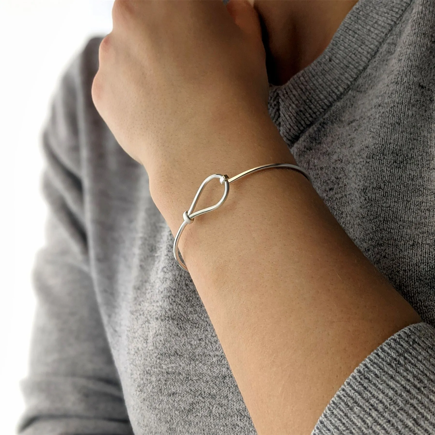 Sterling Silver Simple Loop Knot Thin Tube Bangle With Hook Clasp