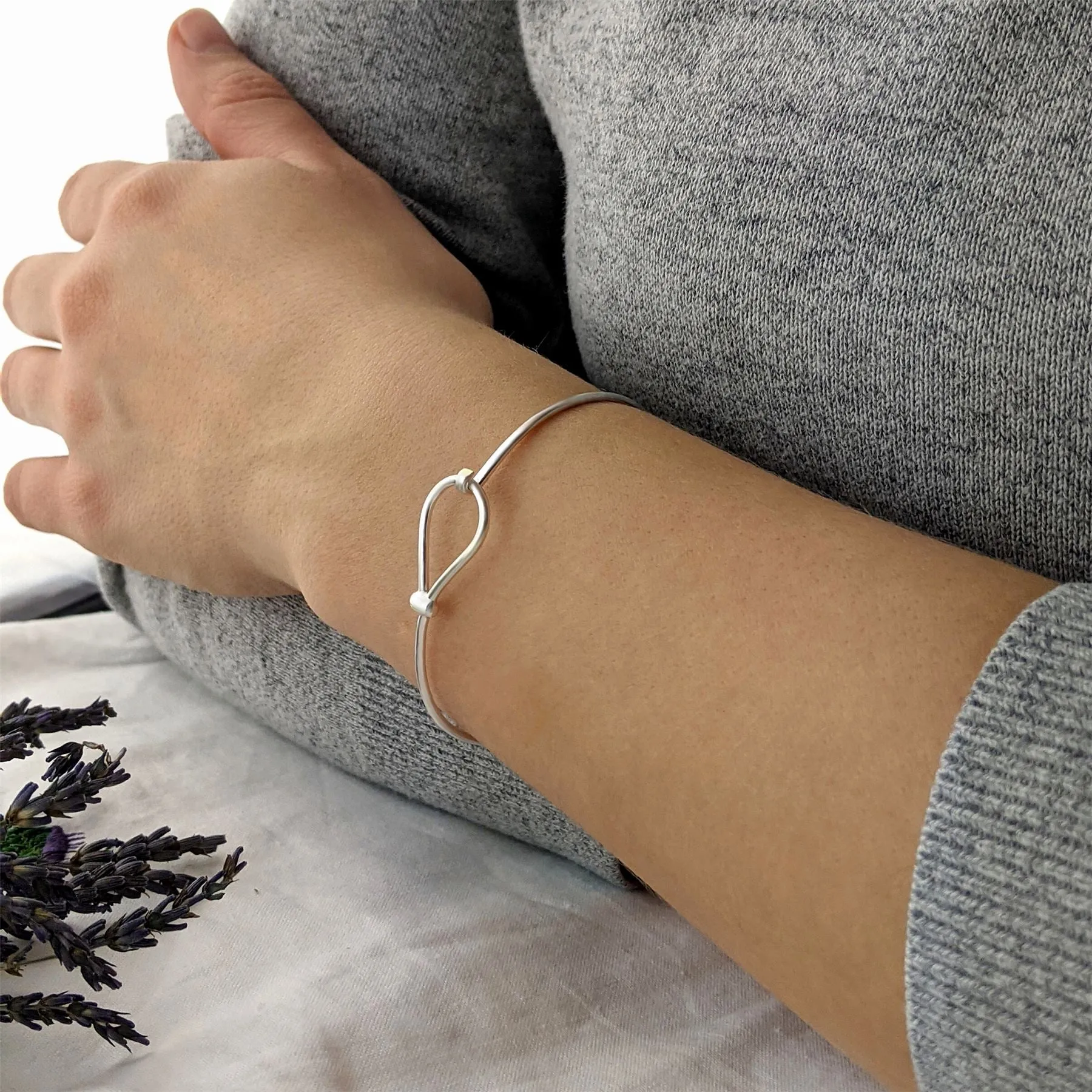 Sterling Silver Simple Loop Knot Thin Tube Bangle With Hook Clasp