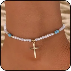 Stretch Ankle Bracelets for Women Waterproof Beaded Anklets for Women Large Ankle Elastic Cross Starfish Seashell Star Heart Anklets for Women Boho Beach Anklets Plus Size Ankle Bracelet Summer Jewelry (Style F _ Cross)
