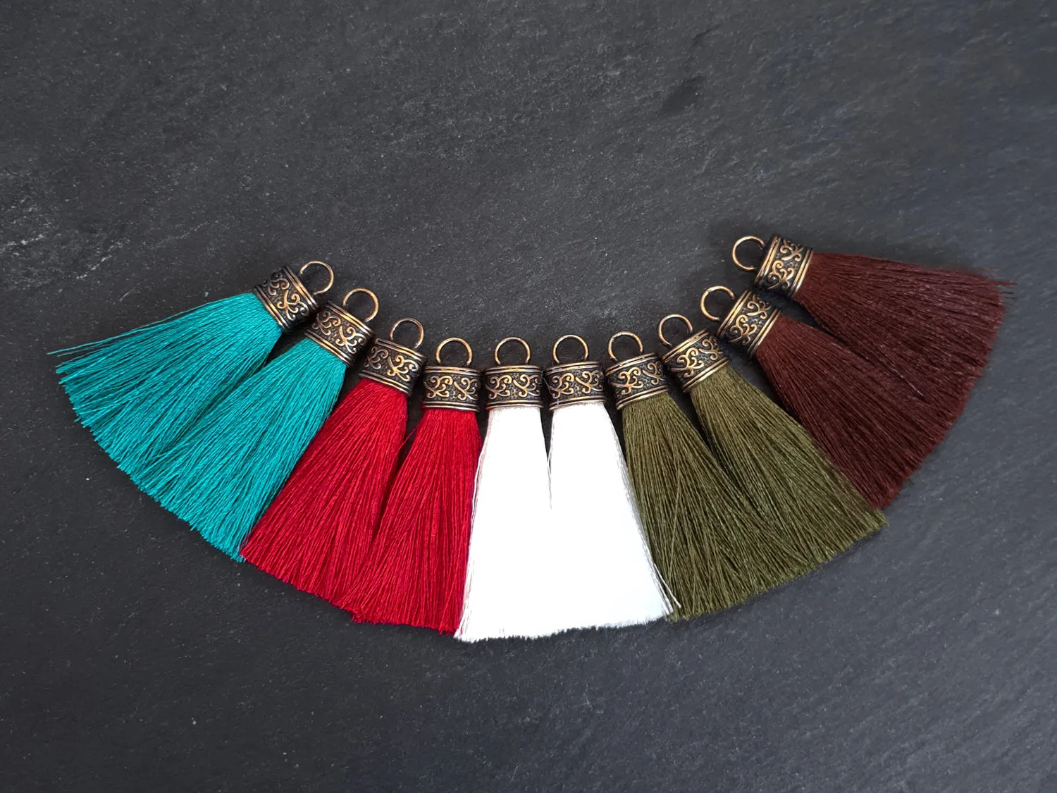 Sugar White Tassel Pendant, Silk Thread Tassel, Tassel Charm, Ornate Cap, Antique Bronze Cap, Tassel Jewelry, Brown Silk Tassel, 2.25 inches, 2pc