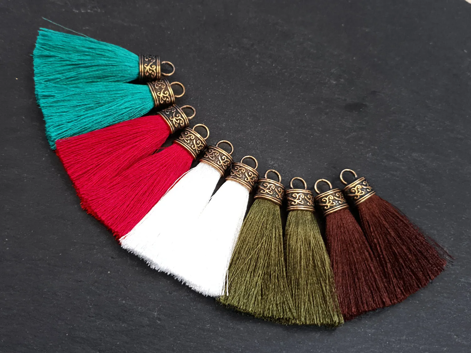 Sugar White Tassel Pendant, Silk Thread Tassel, Tassel Charm, Ornate Cap, Antique Bronze Cap, Tassel Jewelry, Brown Silk Tassel, 2.25 inches, 2pc