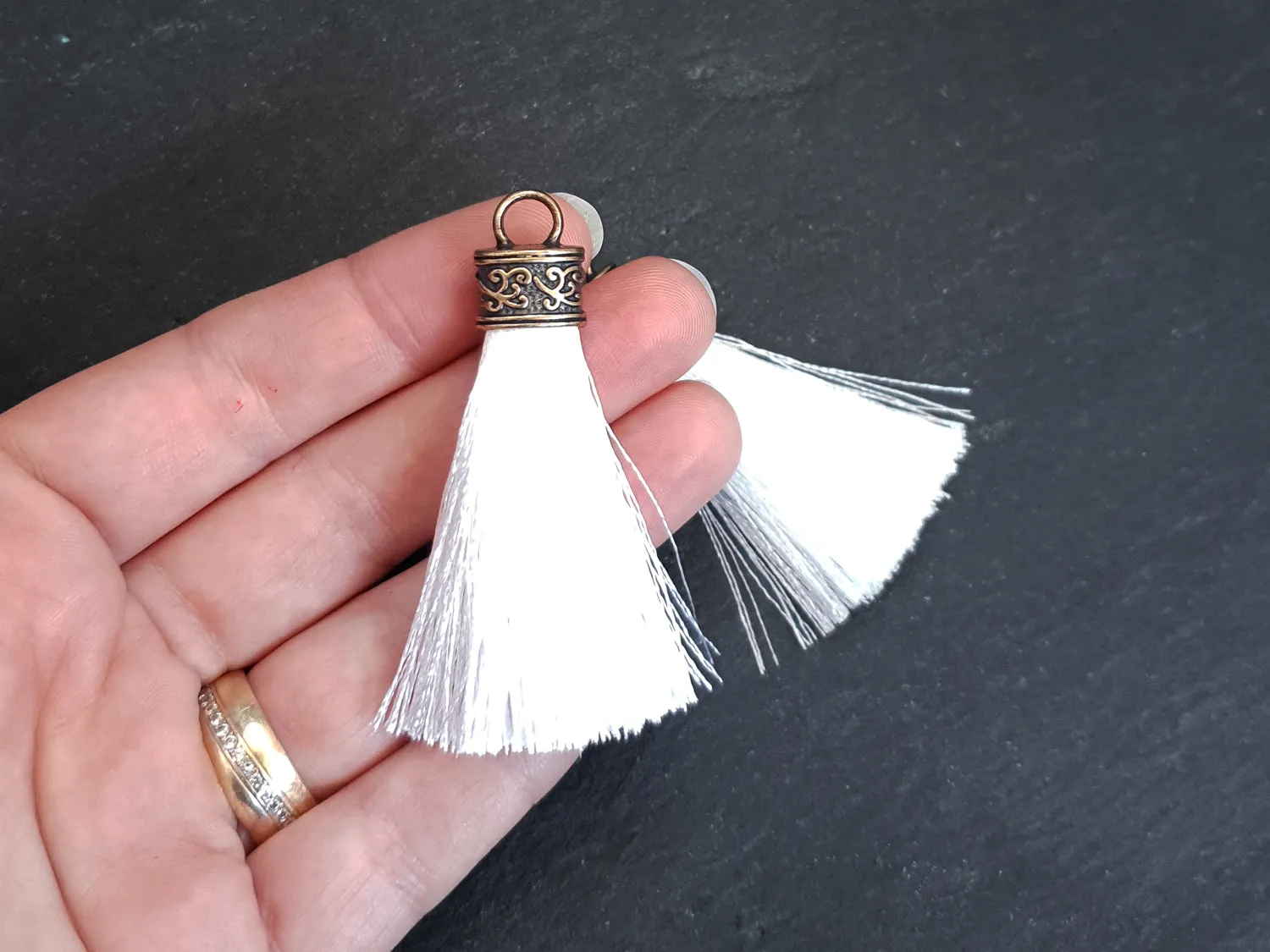Sugar White Tassel Pendant, Silk Thread Tassel, Tassel Charm, Ornate Cap, Antique Bronze Cap, Tassel Jewelry, Brown Silk Tassel, 2.25 inches, 2pc