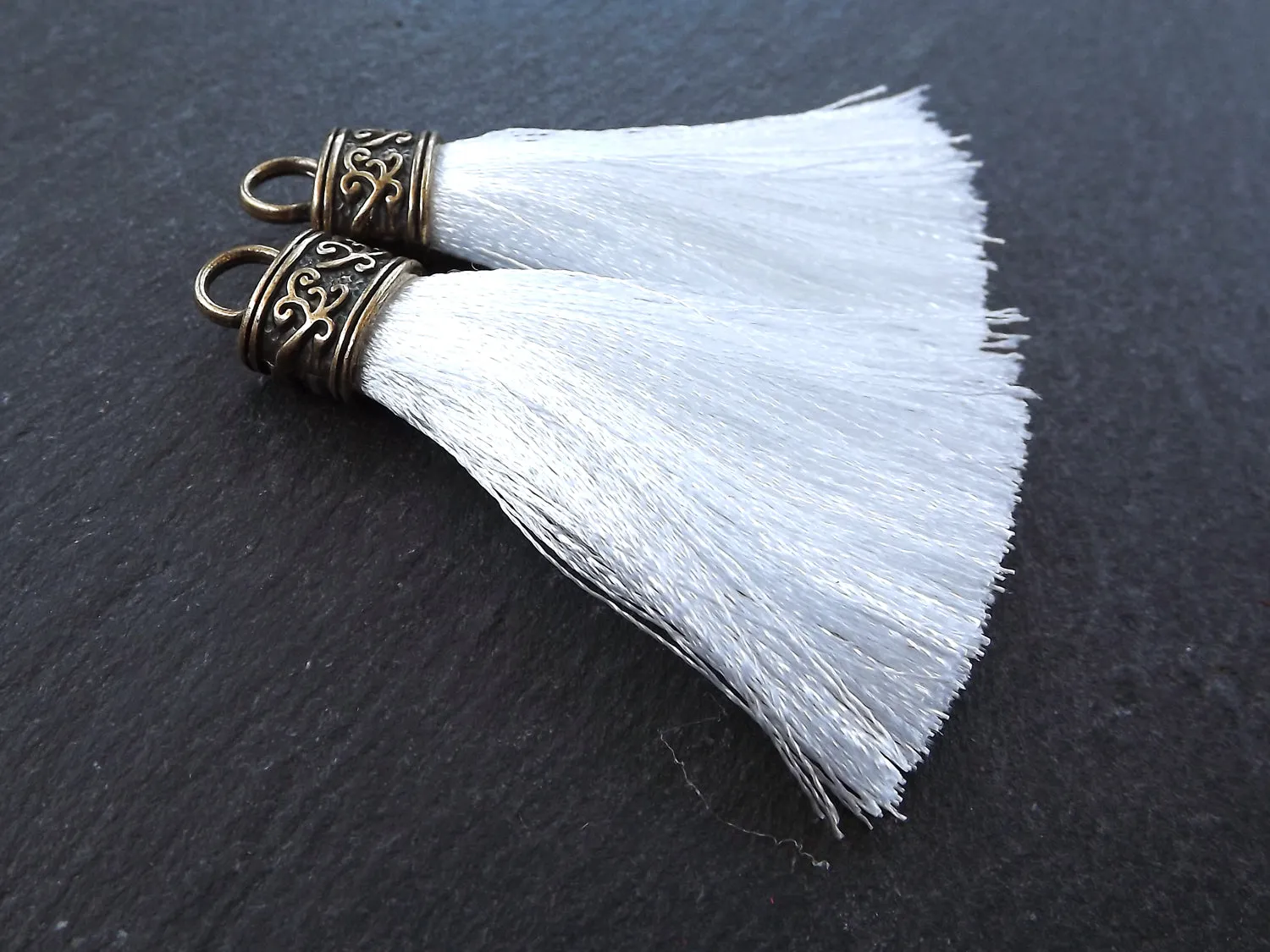 Sugar White Tassel Pendant, Silk Thread Tassel, Tassel Charm, Ornate Cap, Antique Bronze Cap, Tassel Jewelry, Brown Silk Tassel, 2.25 inches, 2pc