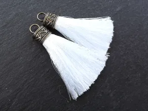 Sugar White Tassel Pendant, Silk Thread Tassel, Tassel Charm, Ornate Cap, Antique Bronze Cap, Tassel Jewelry, Brown Silk Tassel, 2.25 inches, 2pc