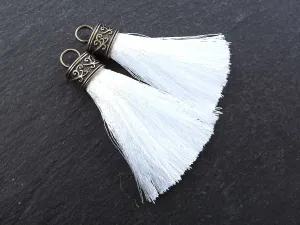 Sugar White Tassel Pendant, Silk Thread Tassel, Tassel Charm, Ornate Cap, Antique Bronze Cap, Tassel Jewelry, Silk Tassel, 2.25 inches, 2pc