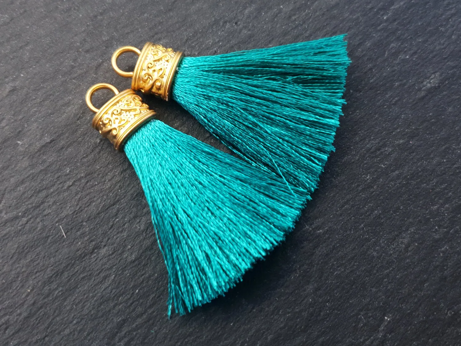Teal Tassel Pendant, Aqua Teal, Silk Thread Tassel, Tassel Charm, Ornate Cap, 22k Matte Gold Cap, Tassel Jewelry, 2.25 inches, 2pc