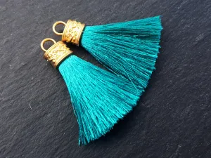 Teal Tassel Pendant, Aqua Teal, Silk Thread Tassel, Tassel Charm, Ornate Cap, 22k Matte Gold Cap, Tassel Jewelry, 2.25 inches, 2pc