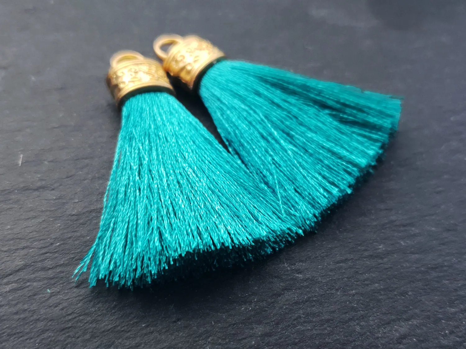 Teal Tassel Pendant, Aqua Teal, Silk Thread Tassel, Tassel Charm, Ornate Cap, 22k Matte Gold Cap, Tassel Jewelry, 2.25 inches, 2pc