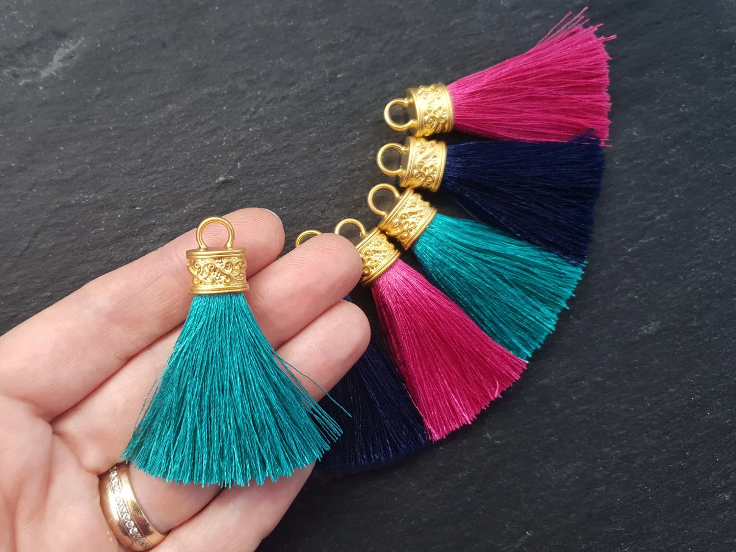 Teal Tassel Pendant, Aqua Teal, Silk Thread Tassel, Tassel Charm, Ornate Cap, 22k Matte Gold Cap, Tassel Jewelry, 2.25 inches, 2pc