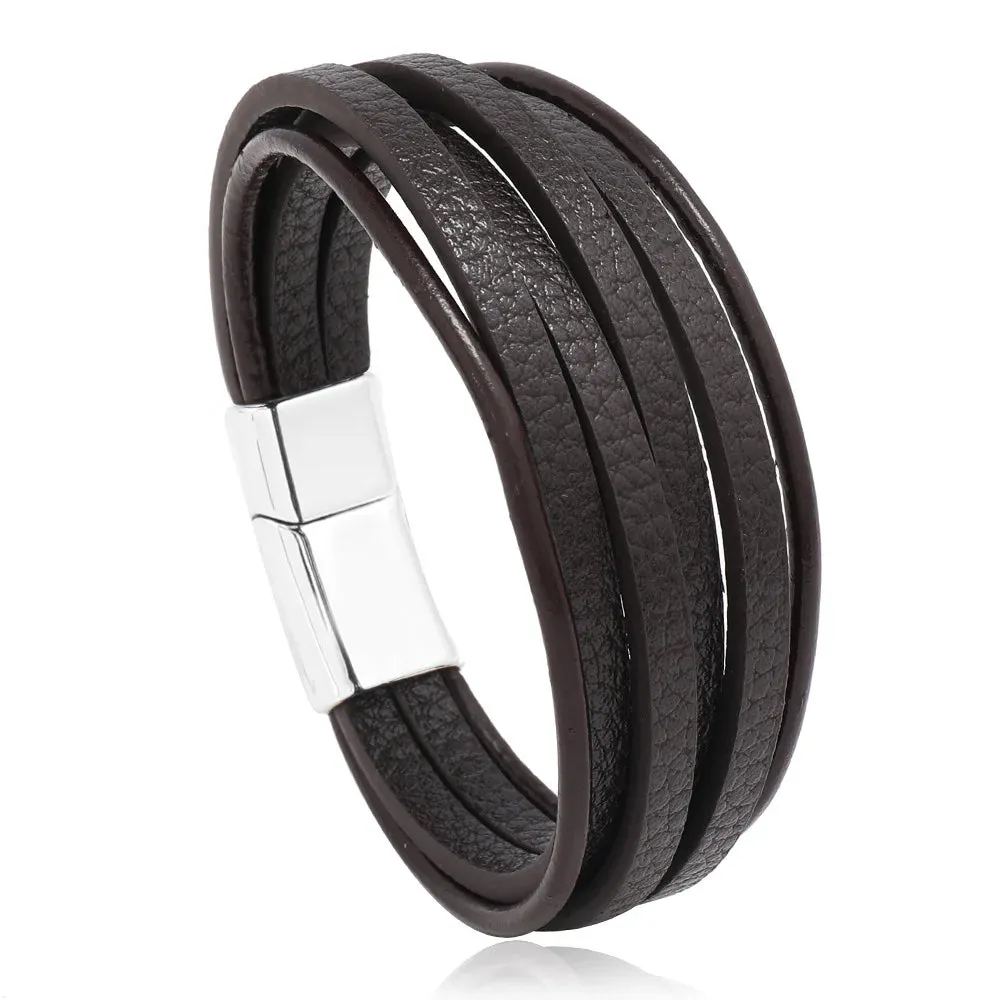 Trendy Leather Bracelets for Men – Stainless Steel Multilayer Braided Rope Jewelry