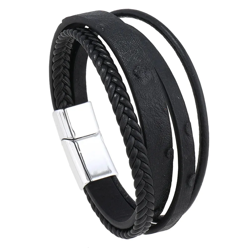 Trendy Leather Bracelets for Men – Stainless Steel Multilayer Braided Rope Jewelry