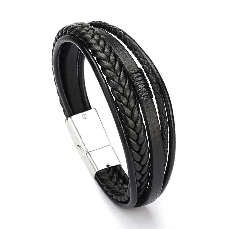 Trendy Leather Bracelets for Men – Stainless Steel Multilayer Braided Rope Jewelry
