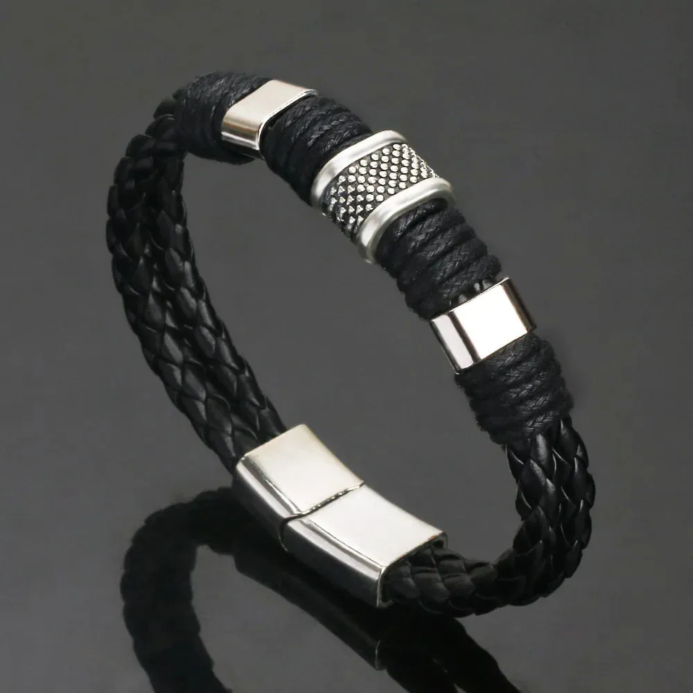 Trendy Leather Bracelets for Men – Stainless Steel Multilayer Braided Rope Jewelry