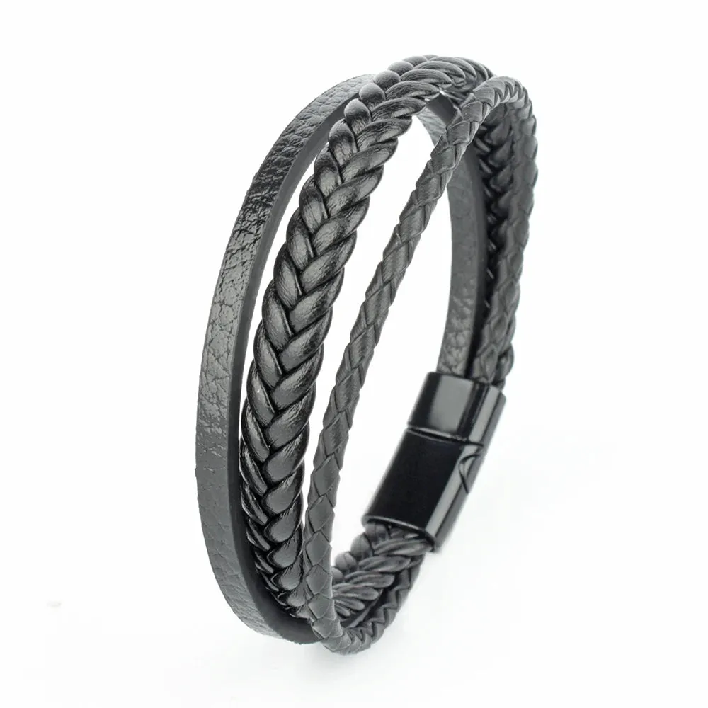 Trendy Leather Bracelets for Men – Stainless Steel Multilayer Braided Rope Jewelry