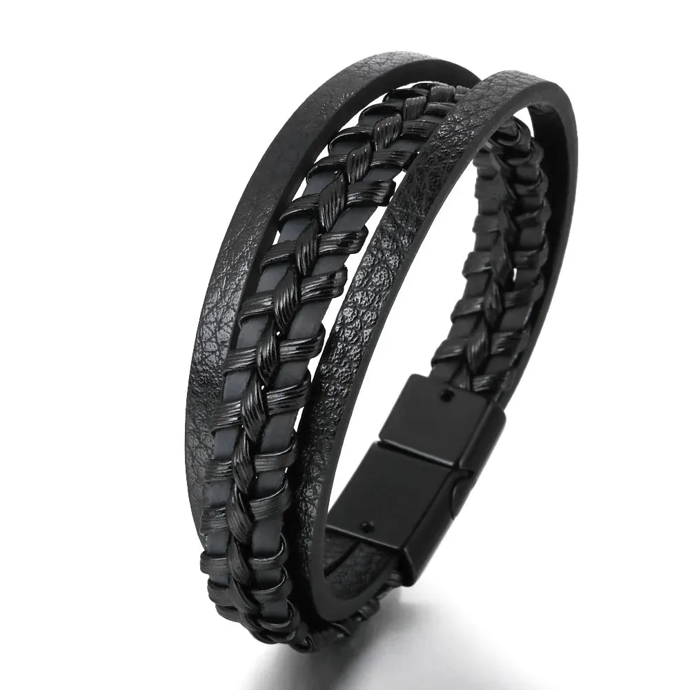 Trendy Leather Bracelets for Men – Stainless Steel Multilayer Braided Rope Jewelry