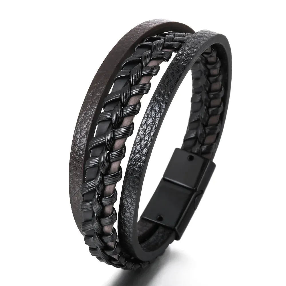 Trendy Leather Bracelets for Men – Stainless Steel Multilayer Braided Rope Jewelry