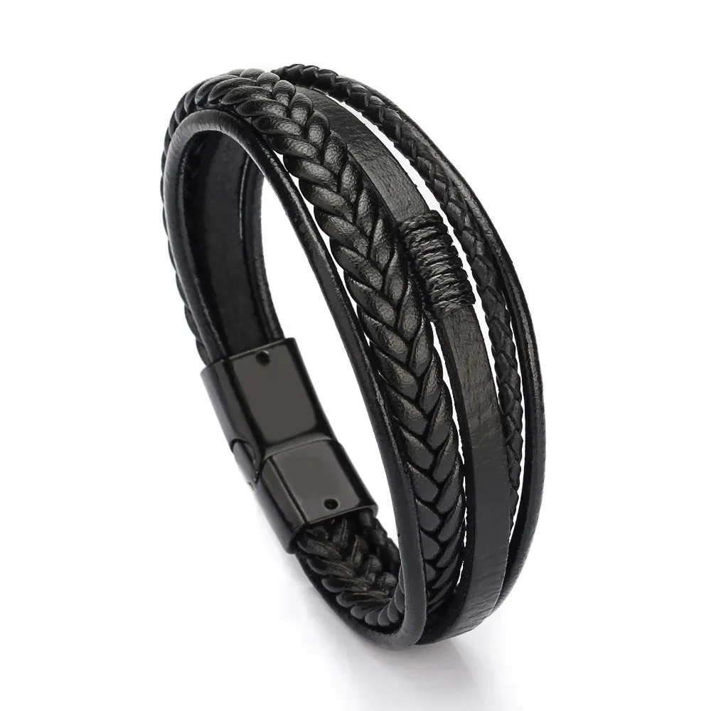 Trendy Leather Bracelets for Men – Stainless Steel Multilayer Braided Rope Jewelry