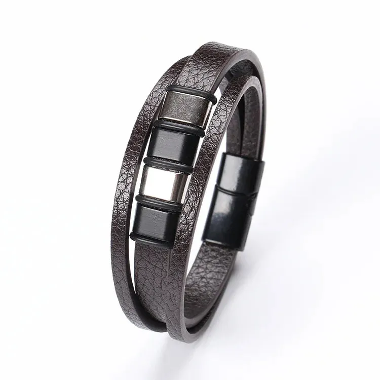 Trendy Leather Bracelets for Men – Stainless Steel Multilayer Braided Rope Jewelry