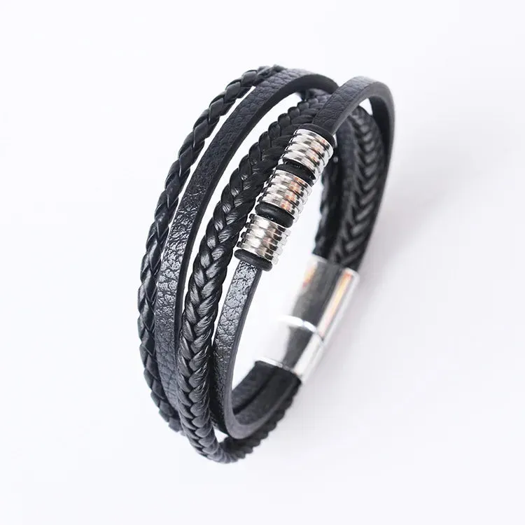 Trendy Leather Bracelets for Men – Stainless Steel Multilayer Braided Rope Jewelry
