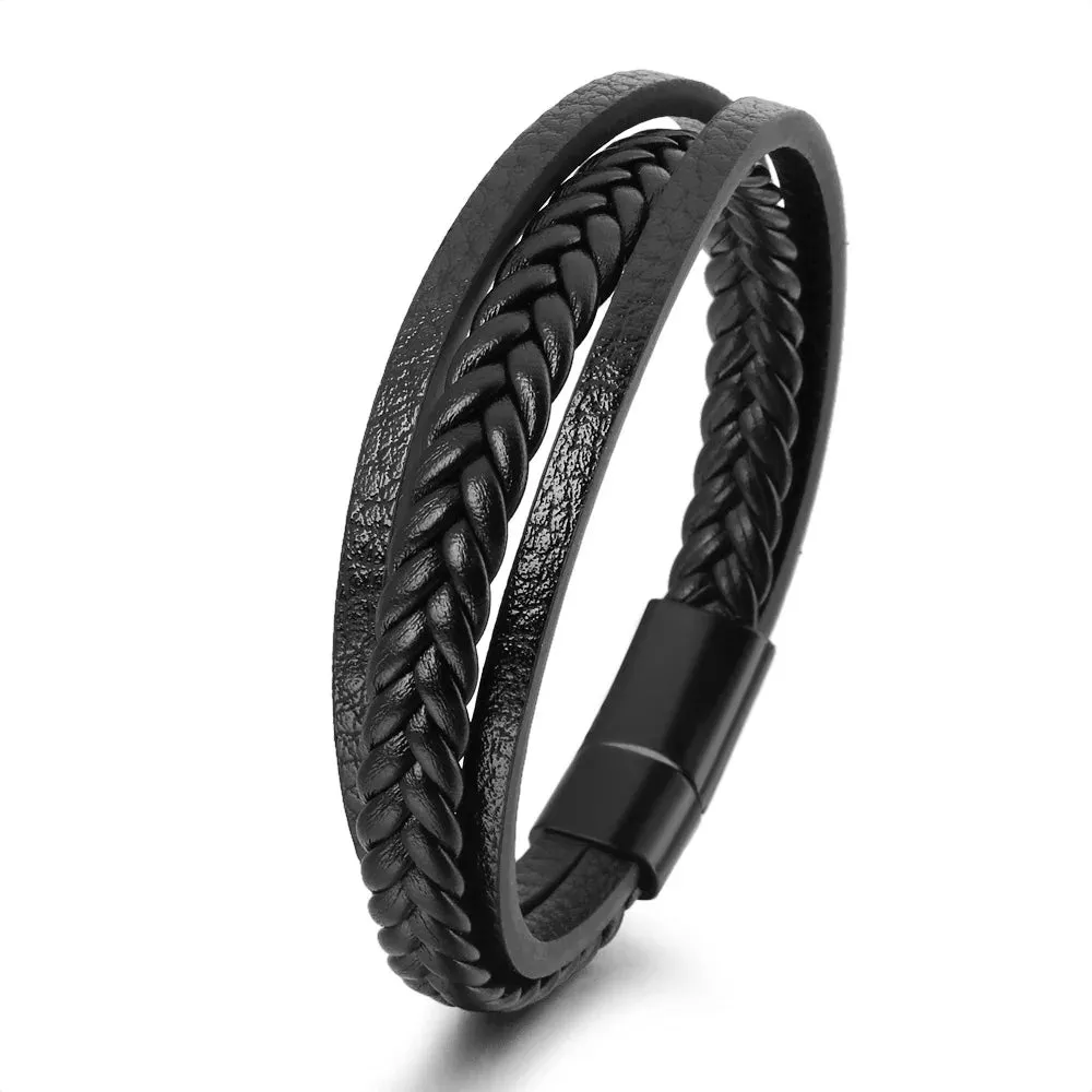Trendy Leather Bracelets for Men – Stainless Steel Multilayer Braided Rope Jewelry