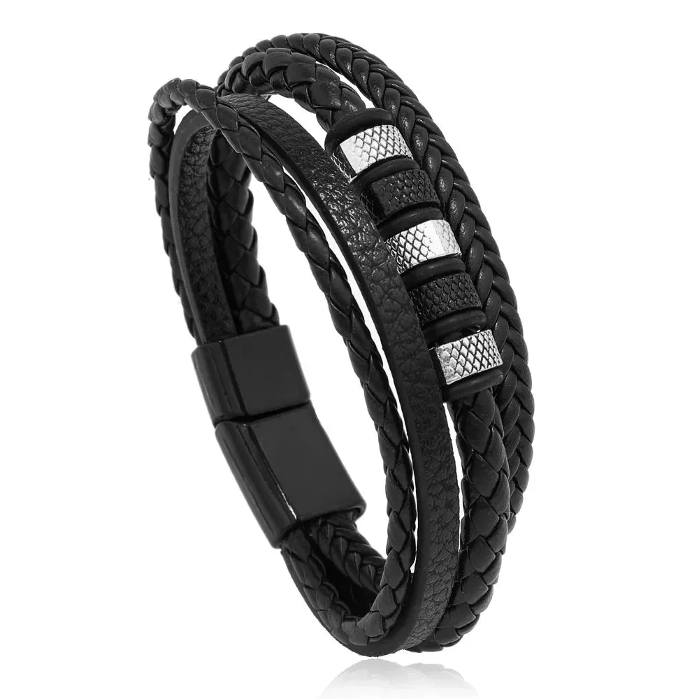 Trendy Leather Bracelets for Men – Stainless Steel Multilayer Braided Rope Jewelry