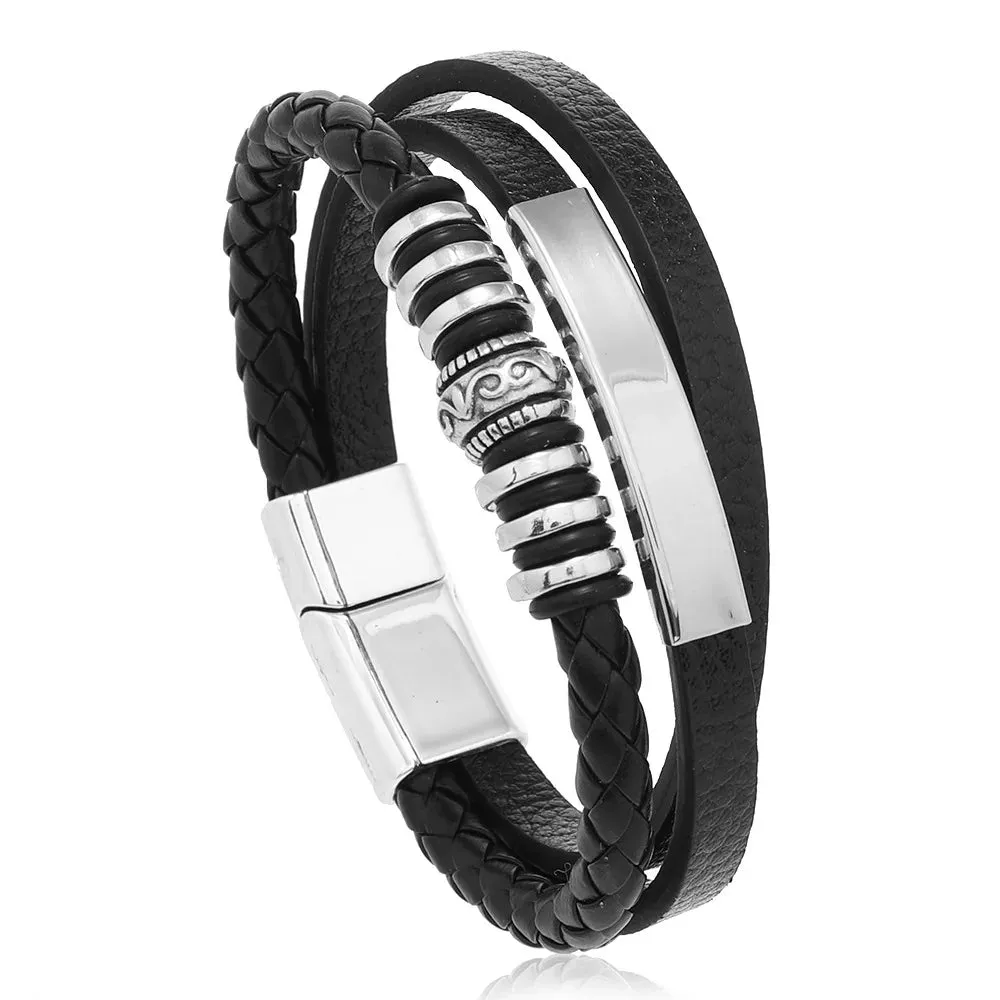 Trendy Leather Bracelets for Men – Stainless Steel Multilayer Braided Rope Jewelry