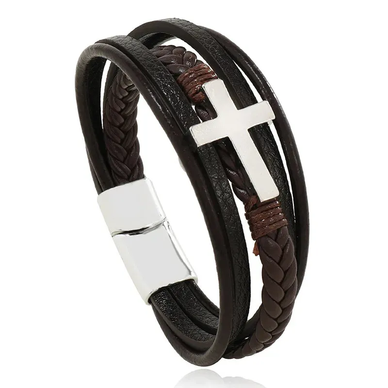 Trendy Leather Bracelets for Men – Stainless Steel Multilayer Braided Rope Jewelry