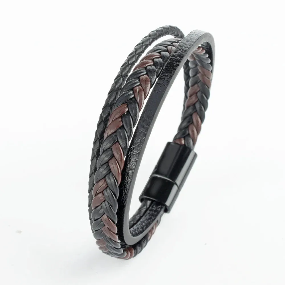 Trendy Leather Bracelets for Men – Stainless Steel Multilayer Braided Rope Jewelry