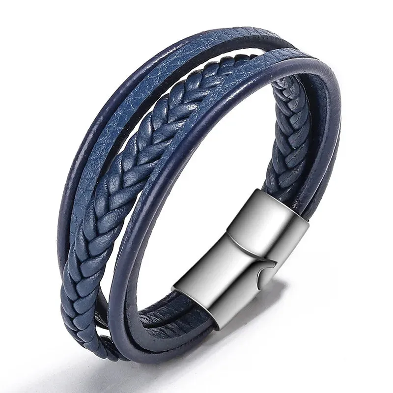Trendy Leather Bracelets for Men – Stainless Steel Multilayer Braided Rope Jewelry