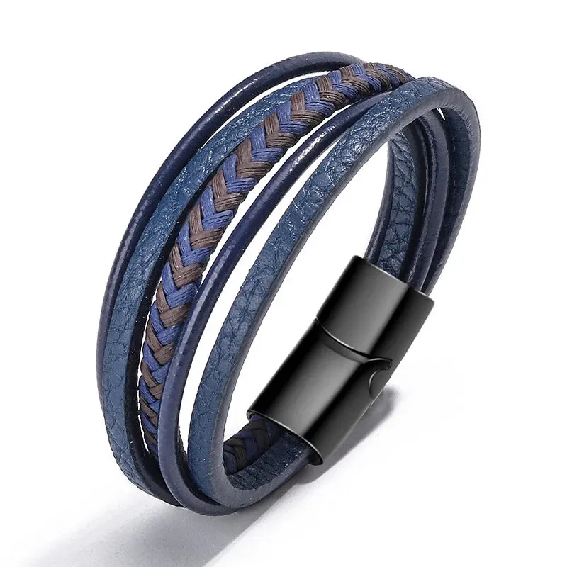 Trendy Leather Bracelets for Men – Stainless Steel Multilayer Braided Rope Jewelry