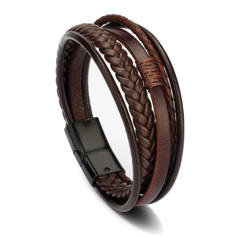 Trendy Leather Bracelets for Men – Stainless Steel Multilayer Braided Rope Jewelry
